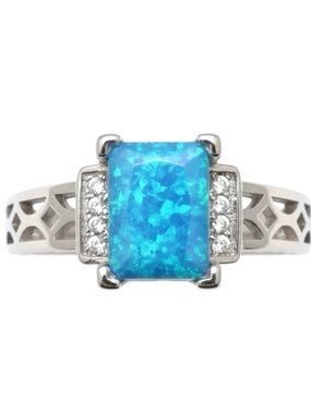 Emerald Cut Teal Blue Fire Opal and CZ Filigree Ring 18K White Gold Filled NWOT